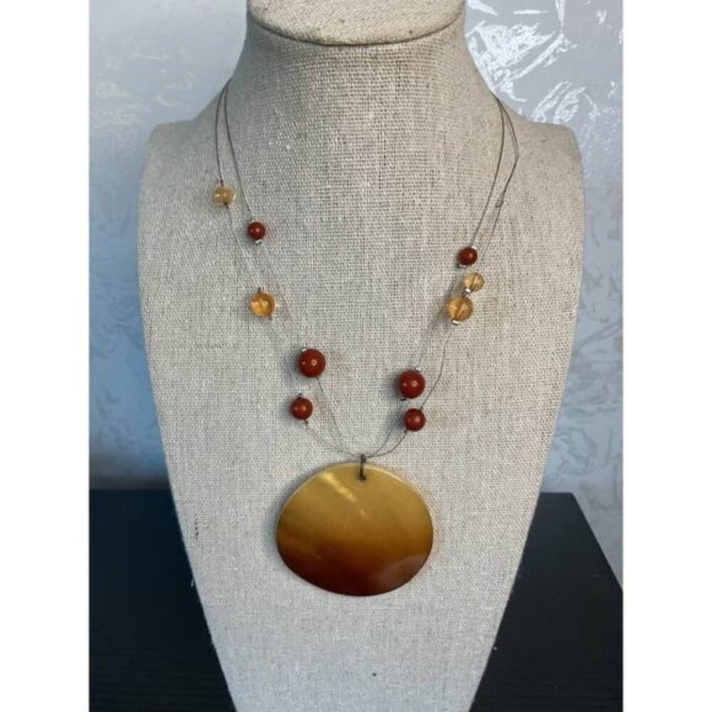 Multilayered Wire Necklace With Brown Beads Large Round Pendant Adjustable Chain